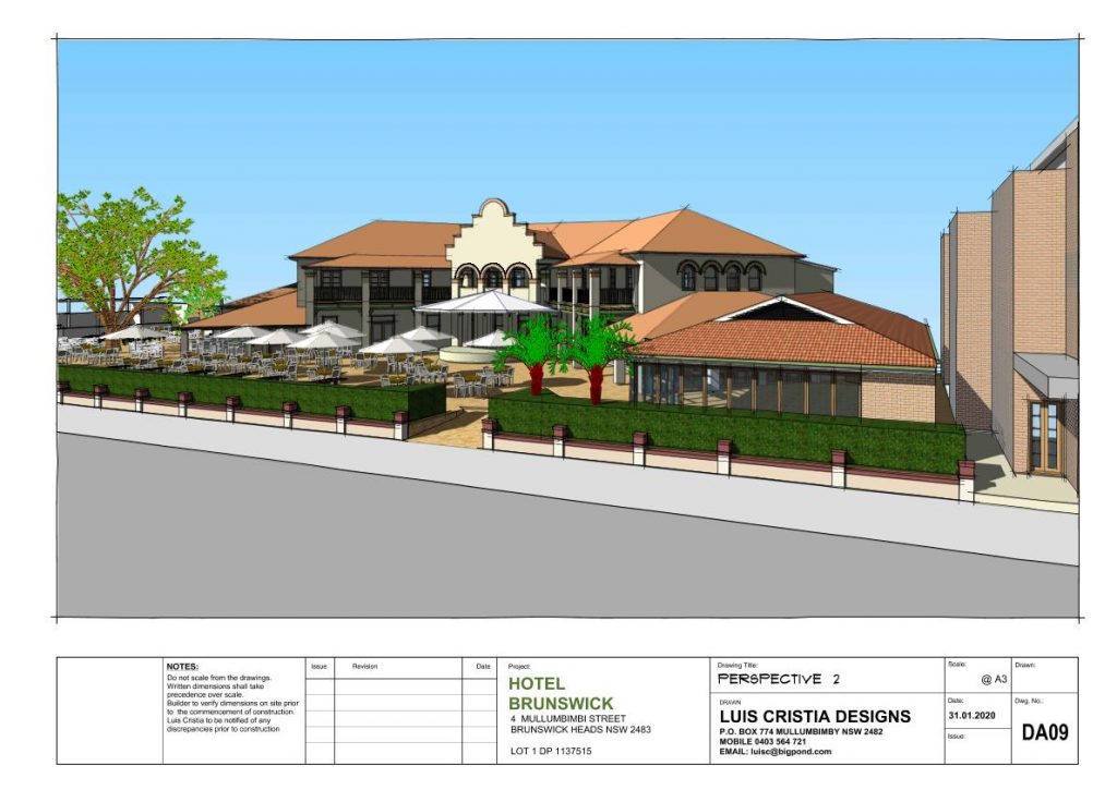 Hotel Brunswick Perspective drawing by Luis Cristia Designs 2020 Architect Impression Brunswick Hotel pavilions